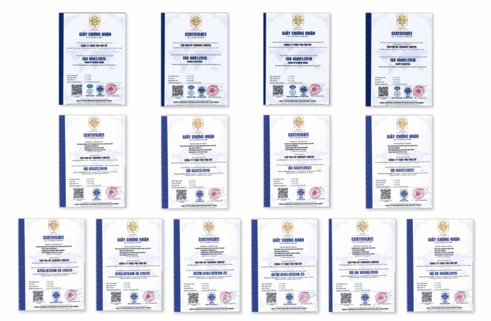 Tổng hợp chứng nhận của Tôn Phú Mỹ