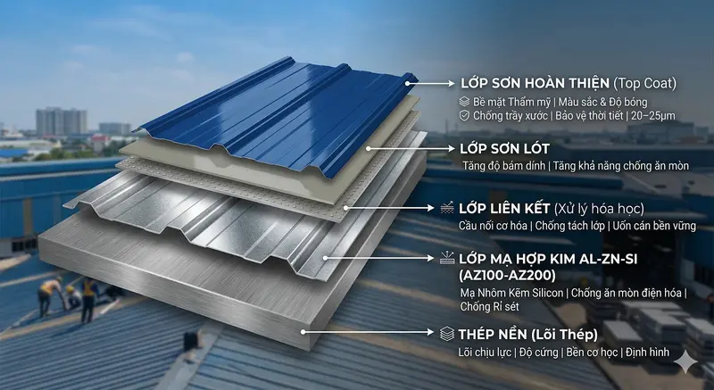 Cấu trúc 5 lớp tạo lớp áo giáp kép bảo vệ tôn Phú Mỹ Prime bền bỉ theo thời gian