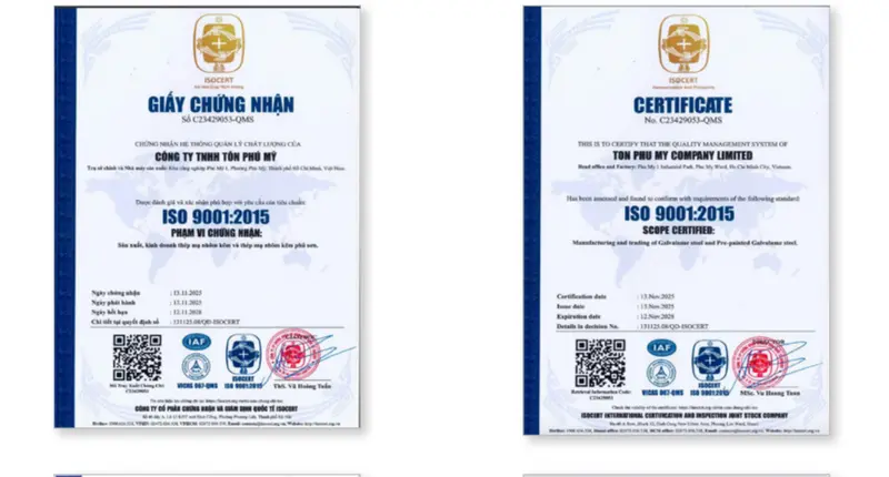 Tôn Phú Mỹ tuân thủ nghiêm ngặt các tiêu chuẩn của ISO 9001:2015